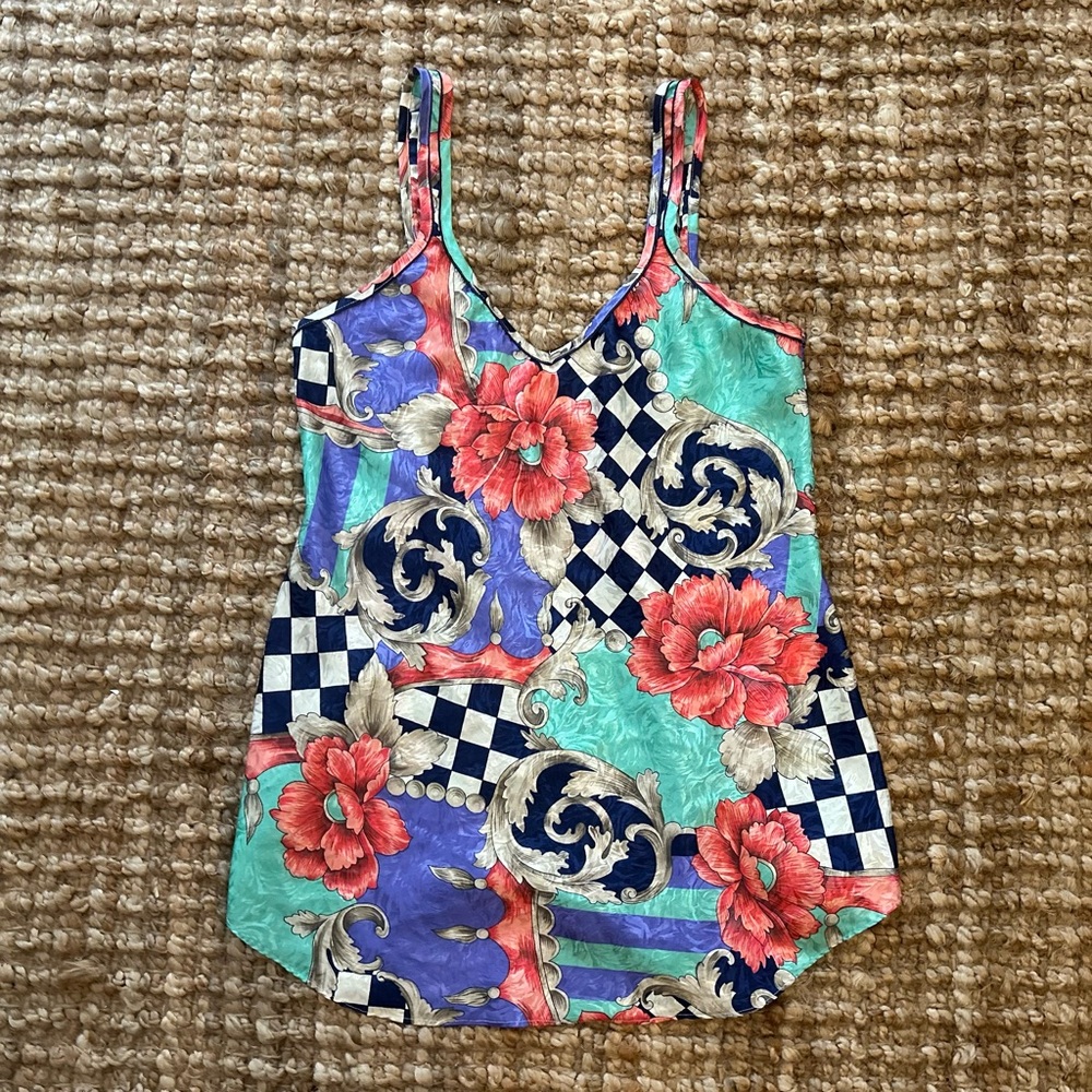 Vintage Colorful Floral and Checkered Women's Tank Top- women’s size M